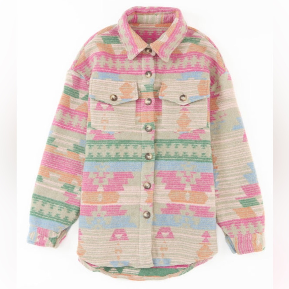 Western Multicolor Aztec Print Button Down Shacket - Picture 8 of 14